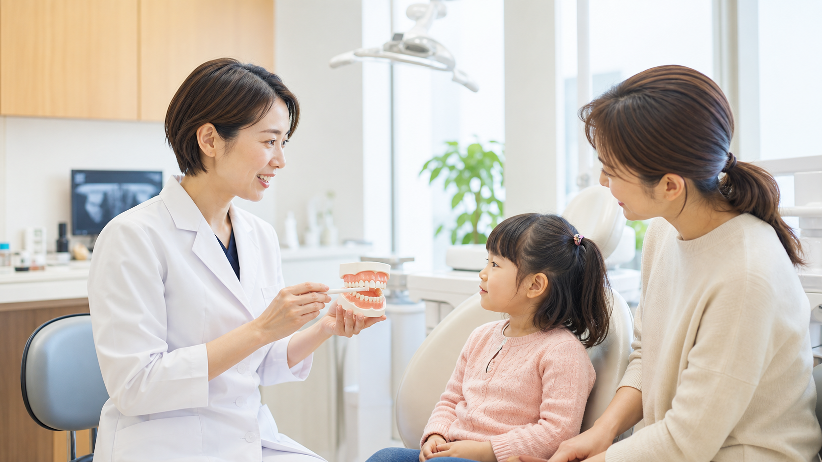 小児矯正 第一期でやめる前に親子で相談する様子