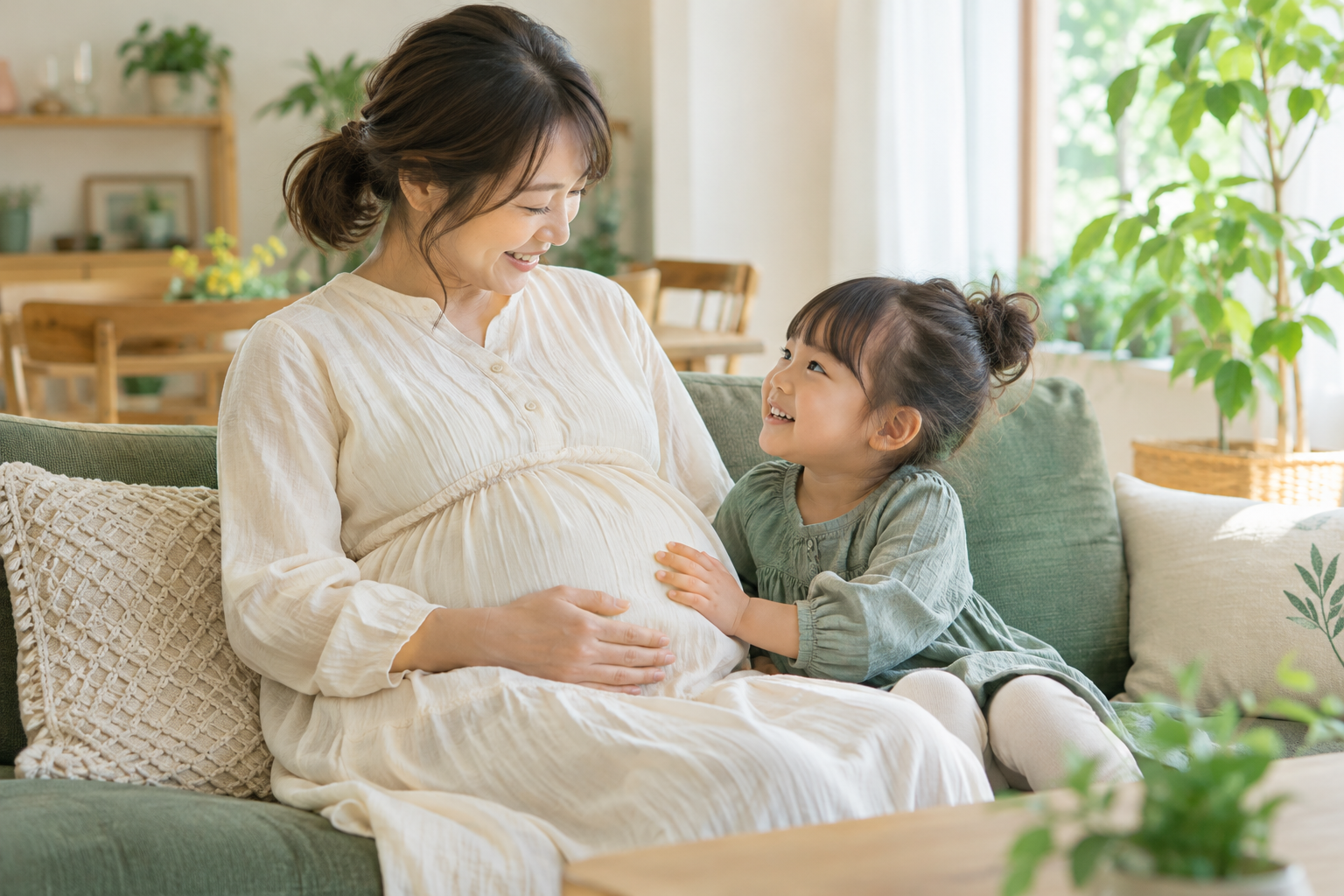 赤ちゃんの誕生を楽しみにする母親と子ども